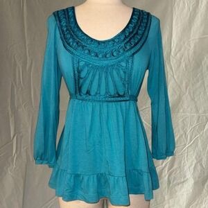 Y2K Turquoise Ruffle Tie Waist Boho Top
